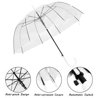 WASING 10 Pack 46 Inch Clear Bubble Umbrella Large Canopy Transparent Stick Umbrellas Auto Open Windproof with European J Hook Handle Outdoor Wedding Style Umbrella for Adult