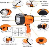 WASING Rechargeable 1000 Lumens Spotlight USB and AC Charging 10 Watt Ultra Bright Portable Searchlight Emergency Work Light Tactical Handheld LED Flashlight for Home Maintenance Outdoor Activities